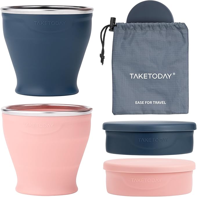 TakeToday 2PCS Collapsible Travel Cup 8 oz - Silicone Foldable Water Cup, BPA-Free with Lid & Waterproof Bag - Drinking Cup Set for Camping, Outdoors & International Travel（Navy & Lowcountry Peach）