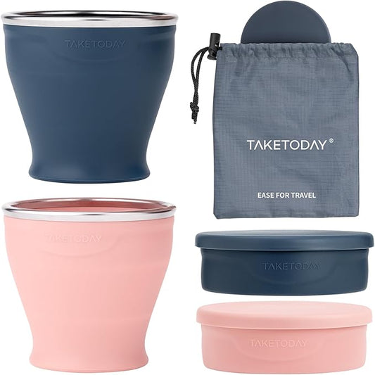 TakeToday 2PCS Collapsible Travel Cup 8 oz - Silicone Foldable Water Cup, BPA-Free with Lid & Waterproof Bag - Drinking Cup Set for Camping, Outdoors & International Travel（Navy & Lowcountry Peach）