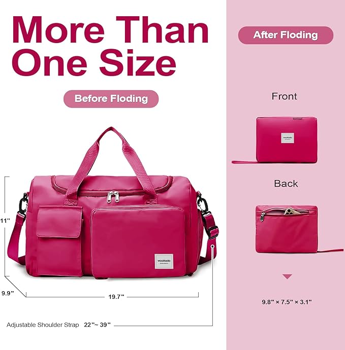 WOOMADA Foldable Travel Duffel Bag with Shoes Compartment, Overnight Bag with Wet Pocket & Trolley Sleeve, Weekender Bags for Women(A-rose red)