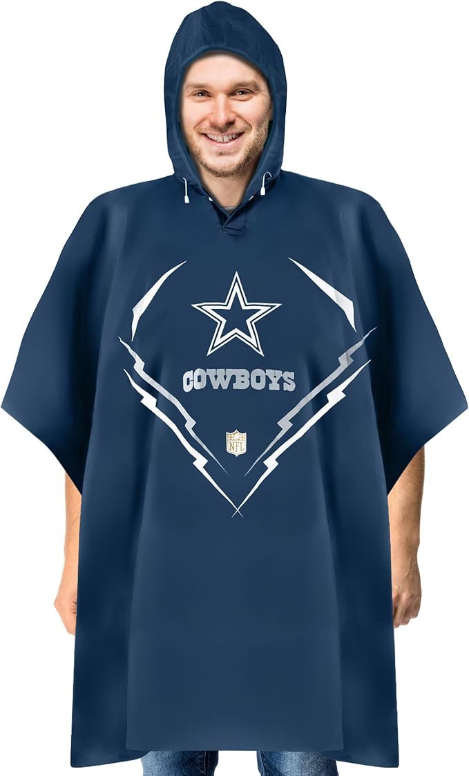 NFL Waterproof Premium Rain Poncho, Sporty & Cool Rain Poncho for Men and Women, Rain Coat with Drawstring Hood