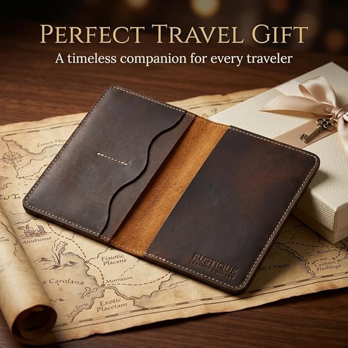Rustique Leather Passport Holder Collection - Handmade Travel Wallet & Organizer - Full Grain Crazy Horse Leather Covers for Men & Women (Multiple Styles) (Wavy Pocket Wallet - Tobacco & Honey)
