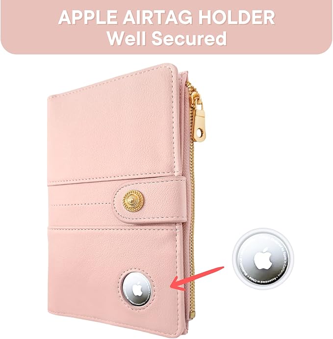 elzama Passport Holder with Airtag Slot for Travel Women, RFID Passport Wallet with Airtag Holder, Zipper Pocket Card Slots Pen Holder & Airtags Keychain (Air tag Not Included) Pink
