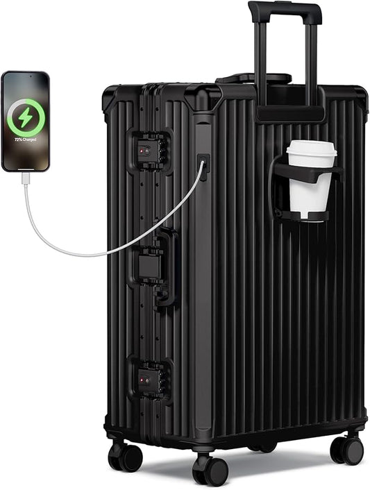 Krute Aluminum Frame Luggage 28 Inch Checked Suitcase With Wheels No Zipper PC Hard Shell Suitcases with Cup Holder and Charger Zipperless Large Travel Luggage