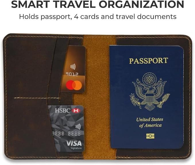 Rustique Leather Passport Holder Collection - Handmade Travel Wallet & Organizer - Full Grain Crazy Horse Leather Covers for Men & Women (Multiple Styles) (Standard Passport Cover - Tobacco & Honey)