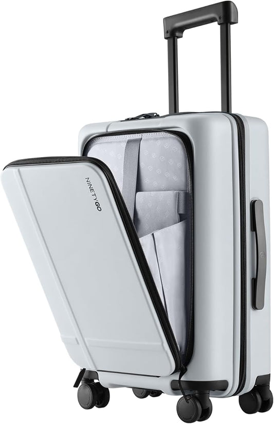 NINETYGO Carry On Luggage 22x14x9 Airline Approved, 20 Inch Suitcase with Front Compartment, Lightweight PC Hard Shell, Cup Holder, Clamshell, TSA Lock, Spinner Wheels (Charcoal Coconut Milk)
