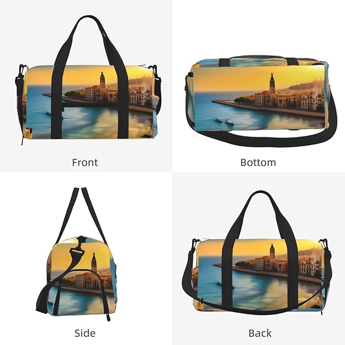 Sunset in Barcelona Print Gym Bag with Shoe Compartment for Women Men, 17.7in Sports Duffle Weekender Tote, Overnight Travel Duffel Bag Carry On