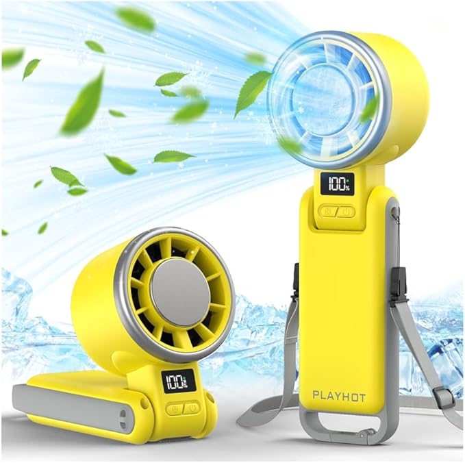 Portable Handheld Turbo Fan with Ice Cooling, Rechargeable Personal Fan, Up tp 12Hrs Cooling, 5 Speed 25550RPM Powerful Portable Fan for Travel, Outdoor, Camping, Hiking (Yellow)