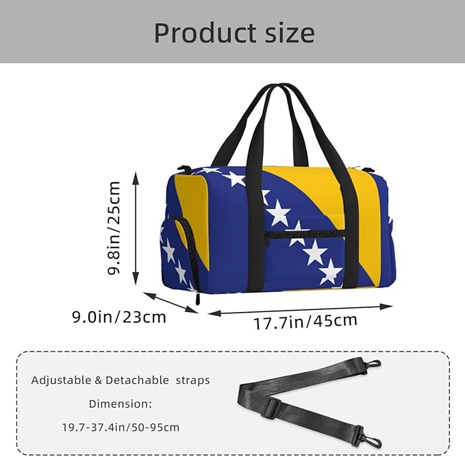 Bosnia and Herzegovina flag Print Gym Bag with Shoe Compartment for Women Men, 17.7in Sports Duffle Weekender Tote, Overnight Travel Duffel Bag Carry On