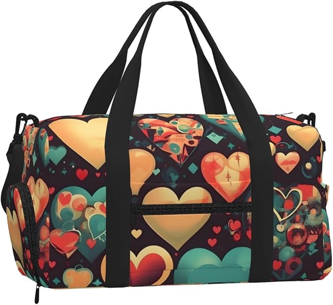 Colorful hearts Print Gym Bag with Shoe Compartment for Women Men, 17.7in Sports Duffle Weekender Tote, Overnight Travel Duffel Bag Carry On