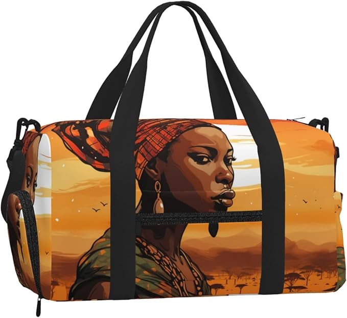 Sports Gym Bag Ethnic African Woman Pattern Travel Duffel Bag With Shoe Compartment Shoulder Strap, Lightweight Water-Resistant Weekend Overnight Totes For Women Men