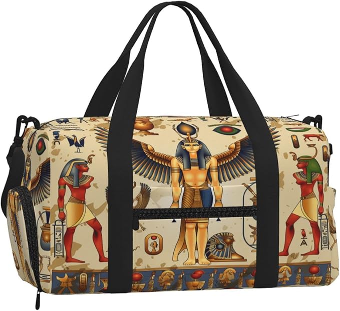 Sports Gym Bag Retro Egyptian Symbols Travel Duffel Bag With Shoe Compartment Shoulder Strap, Lightweight Water-Resistant Weekend Overnight Totes For Women Men
