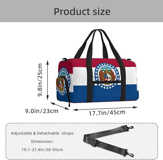 Missouri State Flag Print Gym Bag with Shoe Compartment for Women Men, 17.7in Sports Duffle Weekender Tote, Overnight Travel Duffel Bag Carry On