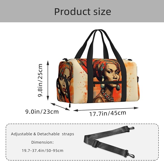 Sports Gym Bag Ethnic Bohemian African Woman Art Painting Travel Duffel Bag With Shoe Compartment Shoulder Strap, Lightweight Water-Resistant Weekend Overnight Totes For Women Men