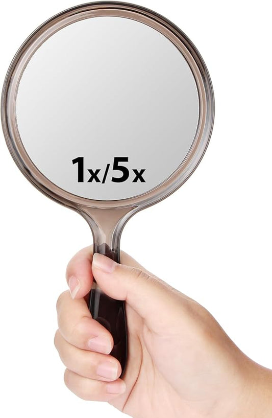 Double-Sided Handheld Mirror with 1X/5X Magnification, Perfect for Travel and Makeup, 8.3" L x4.5 W,Transparent Black, 1PC