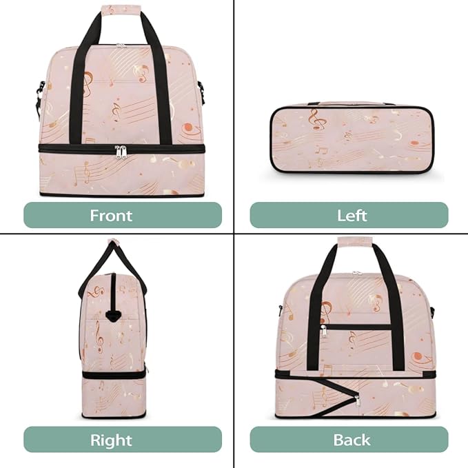 Pink Gold Musical Note Large Weekender Bag with Shoe Compartment Travel Duffel Bags for Women Carry On Hospital Overnight Bag Foldable Personal Item Travel Bags Tote Gym Sports Airplanes