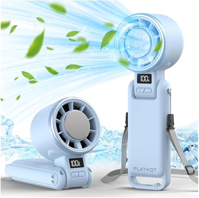 Upgraded Portable Handheld Fan with 60°F Ice Cooling, Up tp 12Hrs Personal Fans Portable Rechargeable, 5 Speed 25550RPM Powerful Portables Fan Handheld, Hand/Neck/Desk Fan 3 IN 1(Blue)