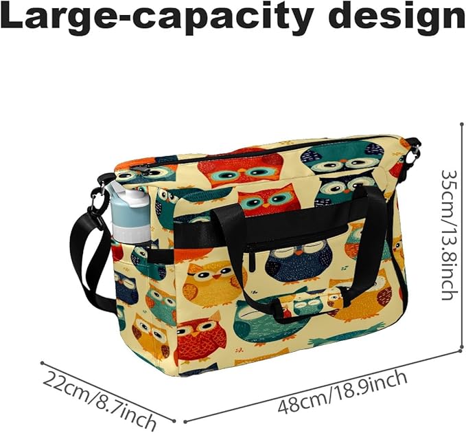 Playful Owl Yellow Gym Bag for Women & Tennis Bag, Large Sports Duffel Bag Waterproof with Ventilated Shoe Compartment & Front Racket Sleeve, Lightweight Travel Weekender Overnight Bag