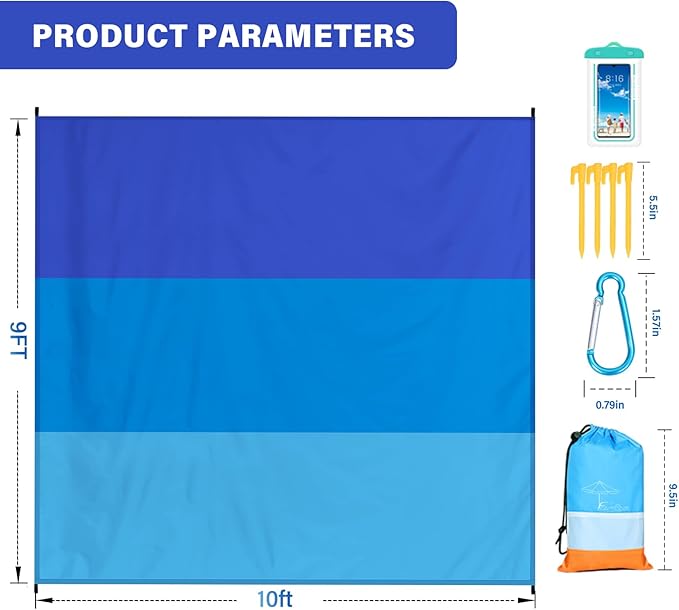 Beach Blanket Oversized Extra Large 10'X 9',Waterproof Sandproof Beach Blanket 2-8 Adults Lightweight Durable for Travel Camping Hiking Picnic