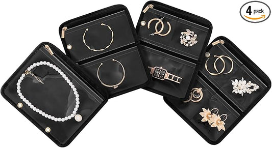 Lolalet Travel Jewelry Organizer Storage Bags, 4 Pcs Transparent Velvet Pouches with Compartments & Zippers for Jewelry Display of Earrings, Rings, Necklaces & Bracelets for Girls Women -Black