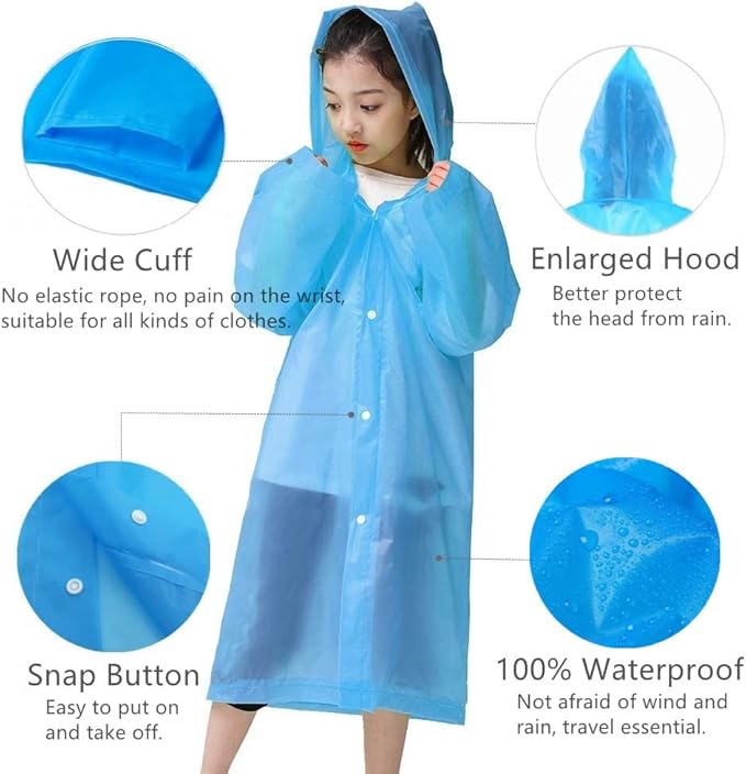 Kids Rain Poncho, Reusable EVA Children Raincoat for 6-13 Girls Boys, Waterproof Rain Jackets Rainwear with Hood