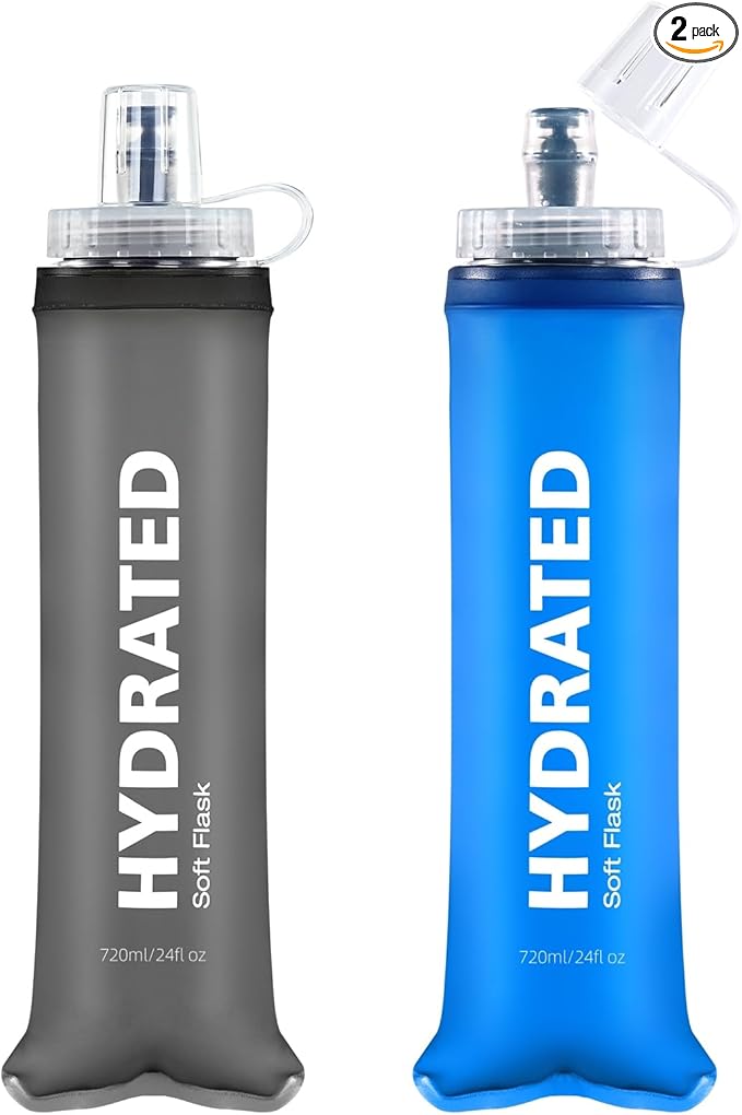 24oz Collapsible Soft Water Bottle, BPA-Free, Soft Flask with Bite Valve, for Climbing, Running, Hiking, Marathon (Bule & Grey, 2Pack)