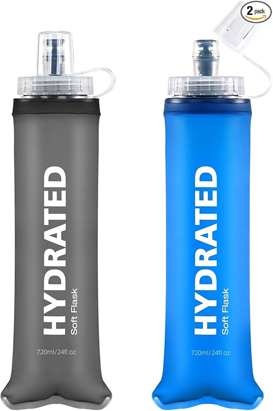 24oz Collapsible Soft Water Bottle, BPA-Free, Soft Flask with Bite Valve, for Climbing, Running, Hiking, Marathon (Bule & Grey, 2Pack)