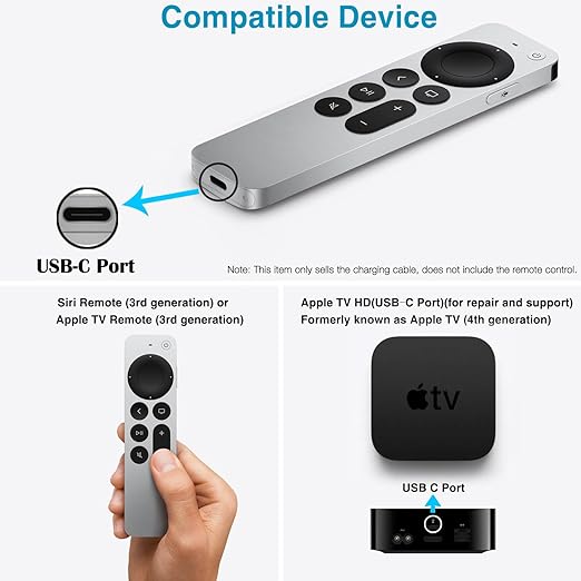 6FT USB C Apple TV Remote Cable for Apple TV Remote (3rd Gen), 4th Gen, Siri Remote (3rd Gen), 4K Remote (3rd Gen), iPhone 17 16 15, 17/16/15 Pro Max,17Air, 16 15 Plus Car Charger Cable Replacement
