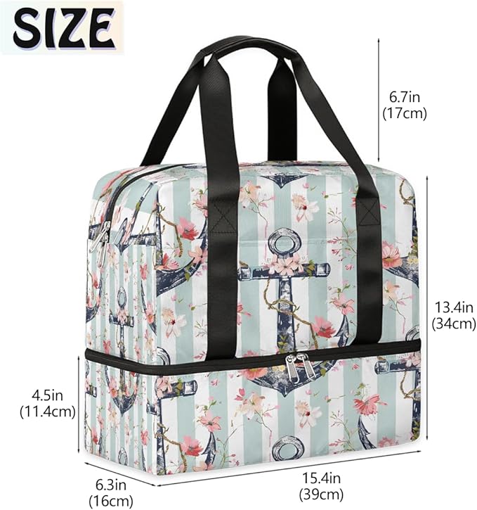 Vintage Anchor Flower Stripe Sports Tote Gym Bag for Women Men, Travel Duffel Bag with Shoe Compartment Large Capacity Workout Overnight Bag for Fitness Yoga Swimming Weekend