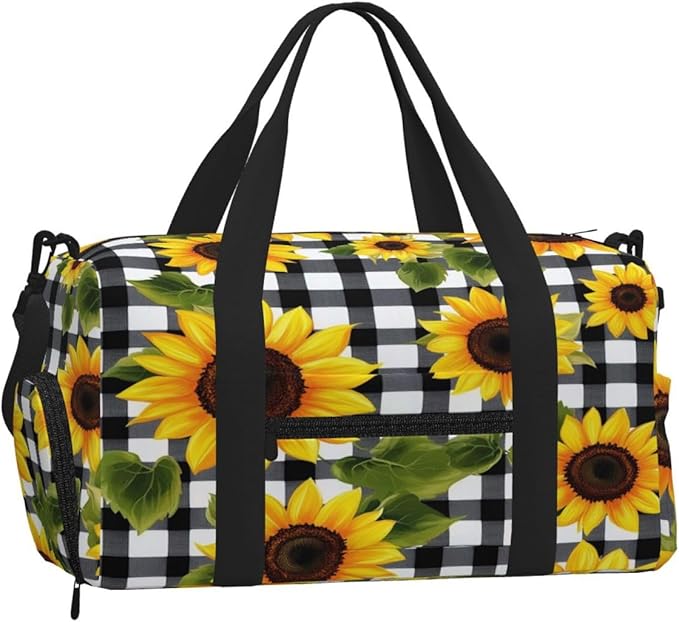 Sports Gym Bag Sunflowers Gingham Travel Duffel Bag With Shoe Compartment Shoulder Strap, Lightweight Water-Resistant Weekend Overnight Totes For Women Men