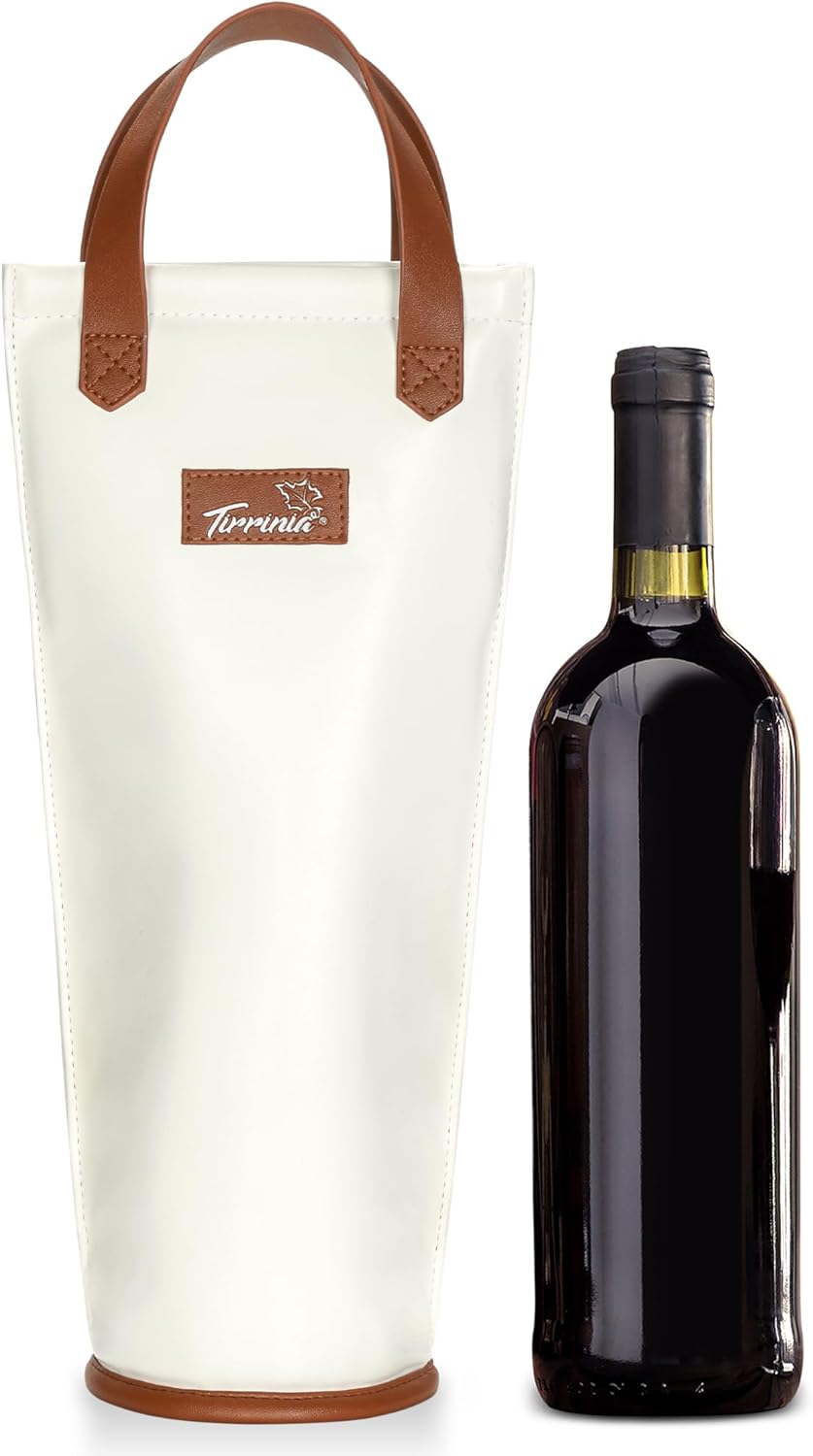 Tirrinia Single Wine Carrier Tote, Insulated Wine Cooler Bag for Travel, Picnic, & Wine Gifts – Thermal Padded Wine Bottle Holder Tote for Men & Women, Wine Gift for Wine Lovers,White Brown