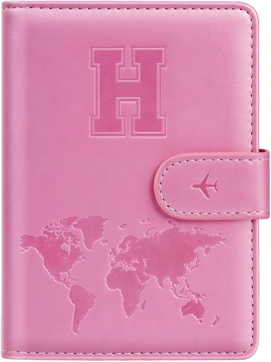 Passport Holder Cover Initail Letter A-Z Travel Wallet Embossed Design RFID Blocking Card Holder Personalized Gift Passport Cover Wallet, Passport Book Holders for Women and Girls, Pink-H
