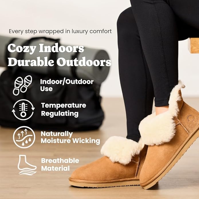 Dearfoams Women's Fireside Shearling Water Resistant Indoor/Outdoor Foldover Boot Slipper