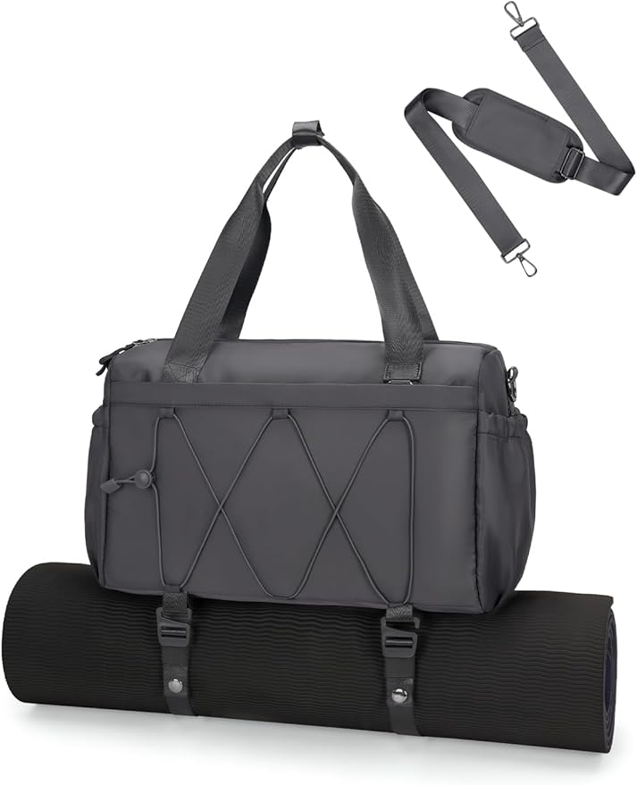 Small Gym Bag for Women with Yoga Mat Holder and Wet Compartment, Mini Gym Duffle Bag Yoga Bag with Water Bottle Pocket for Workout Travel, Dark Gray