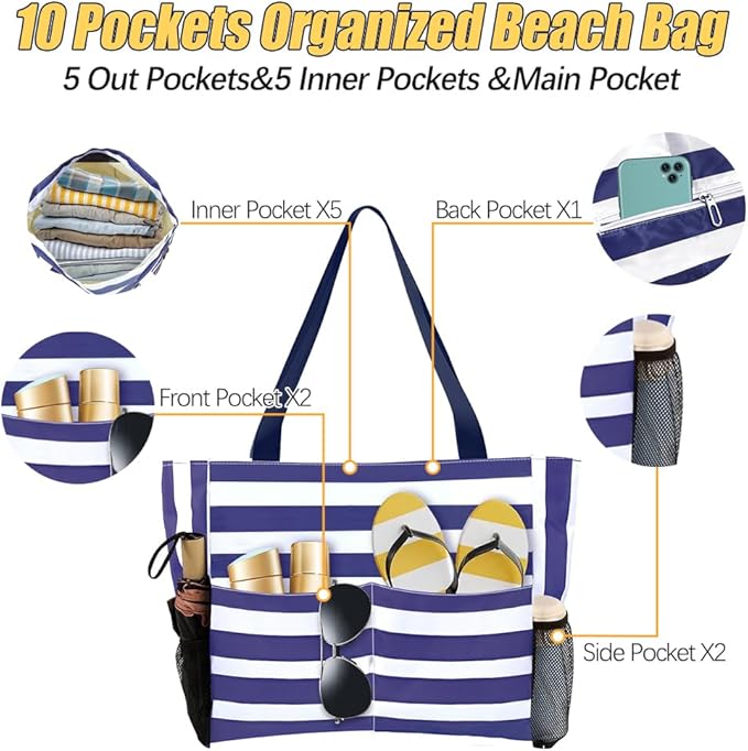 Large Beach Bag, Waterproof Sandproof Beach Tote Bag for Women, Lightweight Swim Pool Bag with Zipper Wet Pocket for Pool Gym Grocery Travel Vacation Weekender