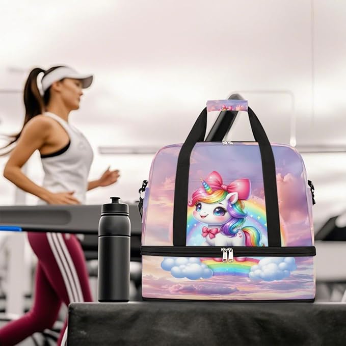 Rainbow Animal Unicorn Large Weekender Bag with Shoe Compartment Travel Duffel Bags for Women Carry On Hospital Overnight Bag Foldable Personal Item Travel Bags Tote Gym Sports Airplanes