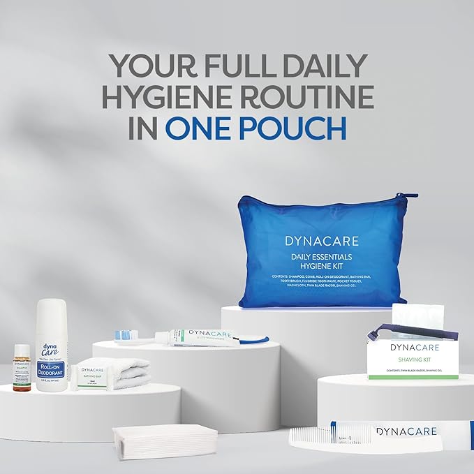 Dynarex DynaCare Daily Hygiene Kit - Travel Essentials Toiletry Bag - Includes TSA Approved Shampoo, Toothbrush Set, Razor and More - Blue, 1 Kit (10-Pieces)