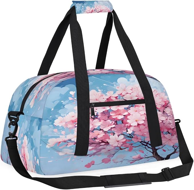 Sports Duffel Bags, Pink Cherry Blossom Tree Water-Resistant Gym Duffle Bag for Men Women, Lightweight Weekender Overnight Bag for Fitness, Workout, Travel