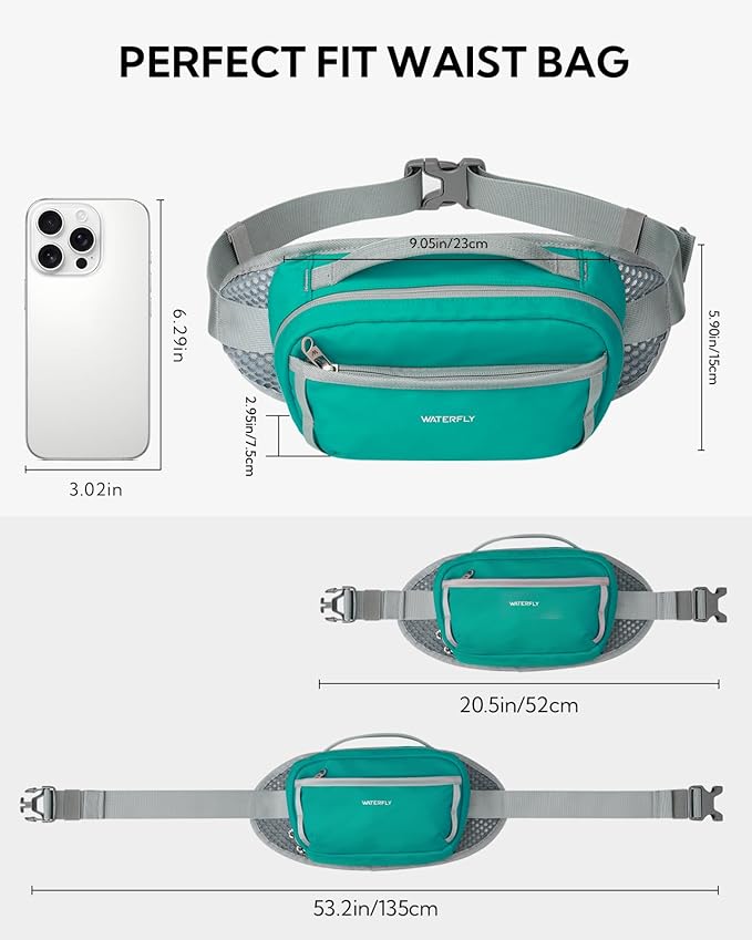 WATERFLY Fanny Pack Waist Bag: 2.3L RFID Blocking Anti-Theft Crossbody Bags with Bellows-Style Opening, Breathable Casual Hip Pack for Women Men Traveling Walking Hiking-Cyan