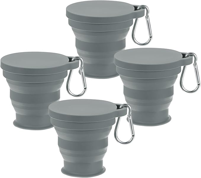 4 Pack Collapsible Travel Cup, 6oz(180ml) Silicone Portable Foldable Water Cup Bottle with Spring Buckle for Travel/Camping/Hiking, Reusable [Dark Gray]
