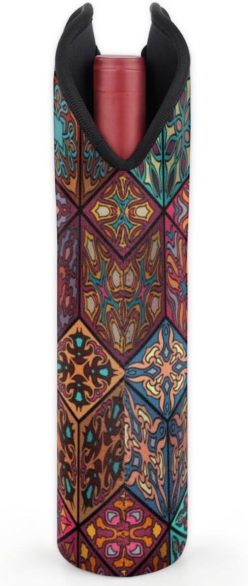 Square Mandala 2 Bottle Wine Carrier Tote Bag Insulated Wine Bottles Neoprene Bag with Secure Carry Handle Portable Wine Cooler Bag for Travel Picnic Beach