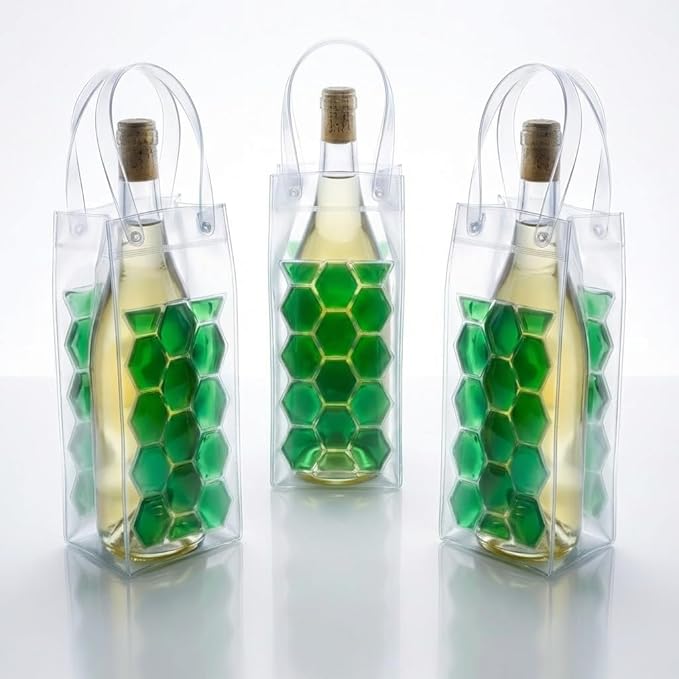 3-Pack Freezable Wine Cooler Bags with Built-in Gel Ice Packs - Portable Hexagon Wine Chiller Sleeve - Reusable Clear Folding Carrier Tote for Champagne, Beer, Picnic & Travel (orange）