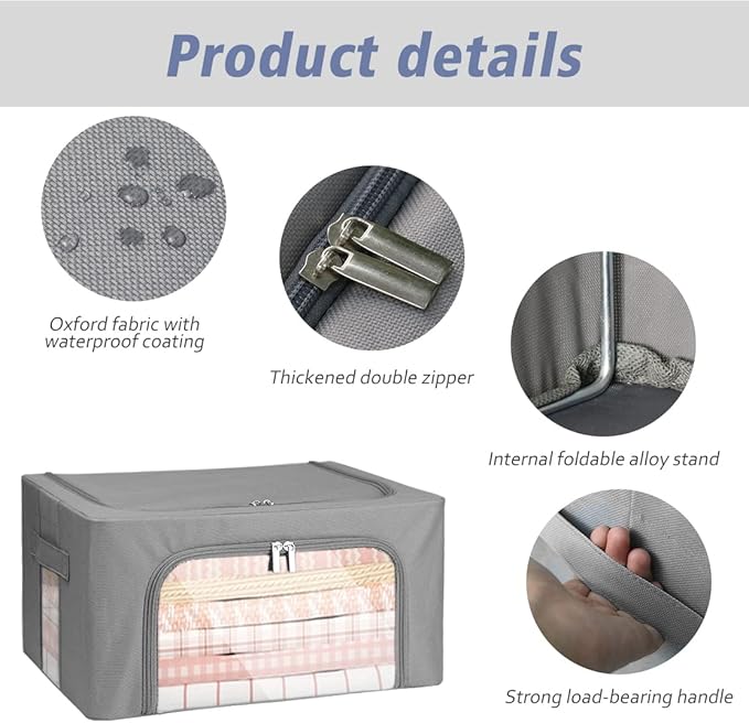 Stackable Clothes Storage Box for Clothing Gadgets,Steel Frame Storage Bins for Toys Gift,Foldable Oxford Fabric Closet Organizer Bag Set with Carry Handles Clear Window (Small- 22L x3 Pack, Grey)