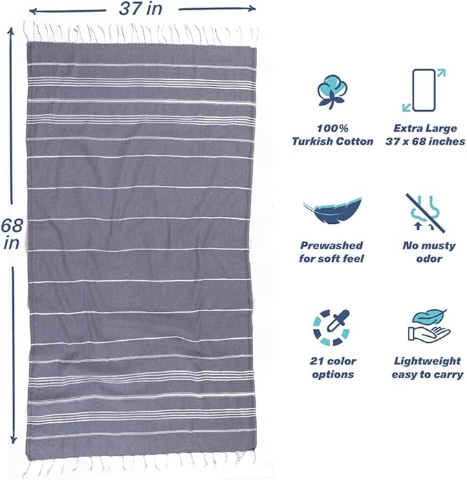 Hencely Turkish Beach Towel 37x68 Oversized, Sand-Free, Quick-Dry, Lightweight - Travel Essential for Pool & Bath - Striped 100% Cotton Bathroom Towels Accessories Gift (Gray)