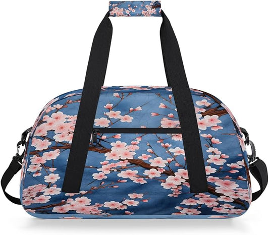 Pink Cherry Blossoms Sports Duffel Bags, Water-Resistant Gym Duffle Bag for Men Women, Lightweight Weekender Overnight Bag for Fitness, Workout, Travel
