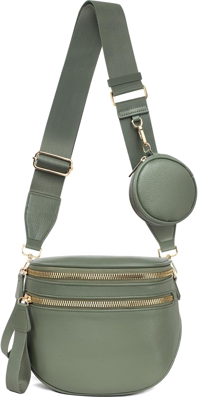 Valentoria Fashionable Womens Leather Waist Bag Crossbody Bag Detachable Wallet Adjustable Shoulder Strap (Bean Green)
