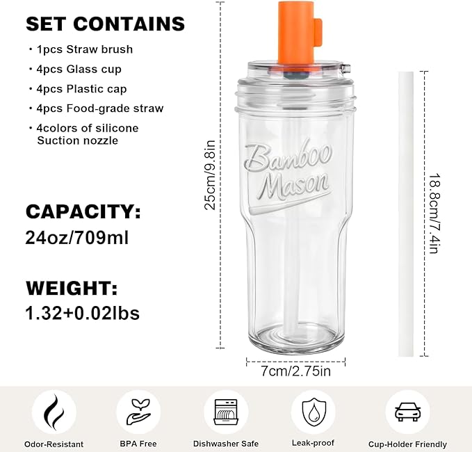 ANOTION 2pc Glass Tumbler with Lids and Straws, Leakproof 24oz Mason Jar Cups, Leak-Proof Cap, Self-Assembly Silicone Straw, Reusable Iced Coffee Smoothie Matcha Cup Aesthetic Coffee Gifts Women