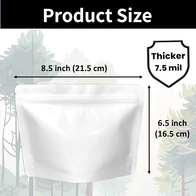 50 Pack 7.5 Mil White Mylar Stand Up Bags - 8.5x6.5 Inches Resealable Smell Proof Bag withstand Hot Water - Foil Sealable Zipper Food Storage Pouch - Glossy White