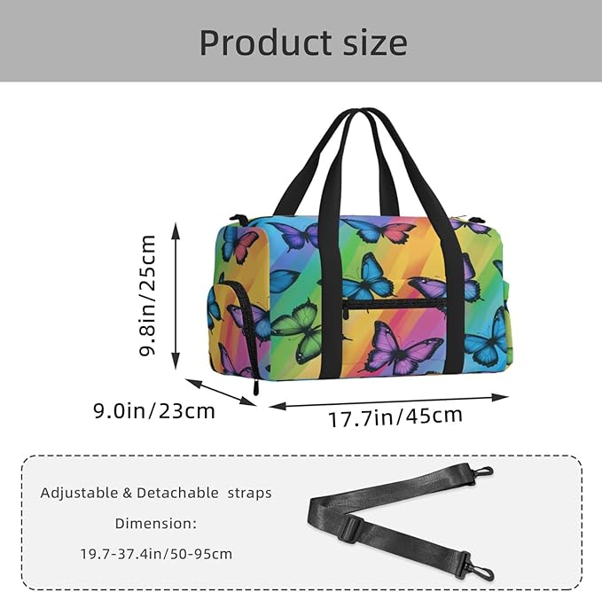 Sports Gym Bag Butterflies Rainbow Stripe Travel Duffel Bag With Shoe Compartment Shoulder Strap, Lightweight Water-Resistant Weekend Overnight Totes For Women Men