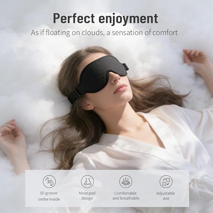 3D Cooling Sleep Mask, 100% Blackout Eye Mask for Side & Light Sleepers, Zero-Pressure Adjustable Blindfold for Travel, Naps & Shift Work (Black)