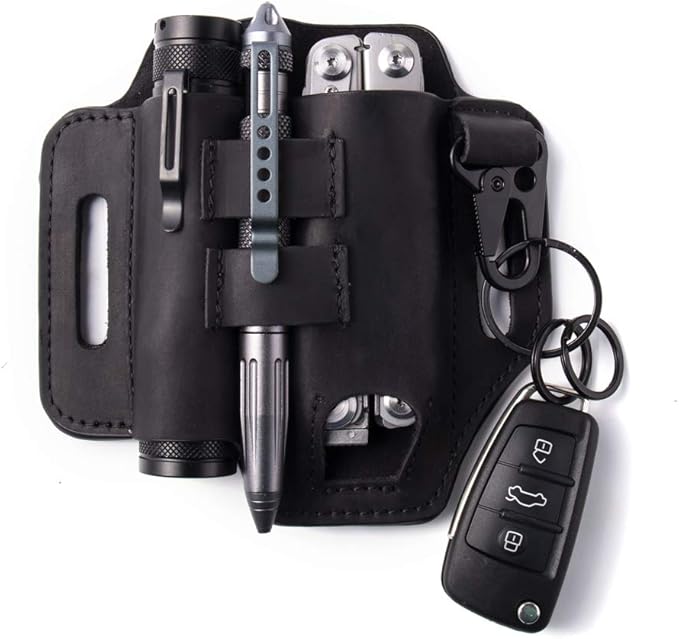 Gentlestache Multitool Belt Sheath, EDC Leather Belt Organizer, Belt Holder with Multitool Pouch, Flashlight Holder, Pen Holder and Keychain Clip, Practical EDC Belt Pouch for Men
